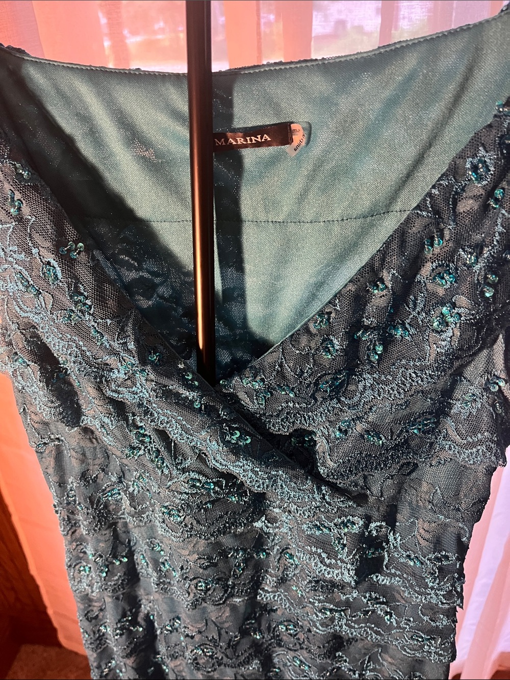 MARINA Teal Lace Embellished Wrap Dress